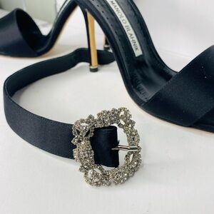 Manolo Blahnik Crystal Buckle Black Satin Open Toe Heels. YOU NEED THESE.